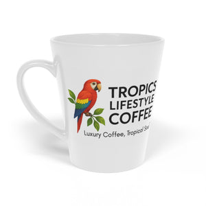 White Latte Mug, 12oz  ~ Tropics Lifestyle Coffee Parrot Logo