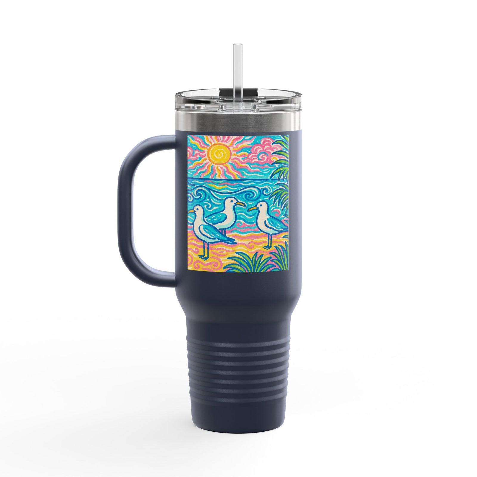 Insulated Travel Mug, 40oz / Tropical Beach Seagulls - Perfect for Outdoor Adventures