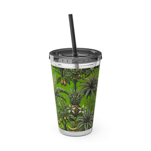 Tropical Tumbler with Straw | 16 oz: Tropical Palms & Fruit, Green