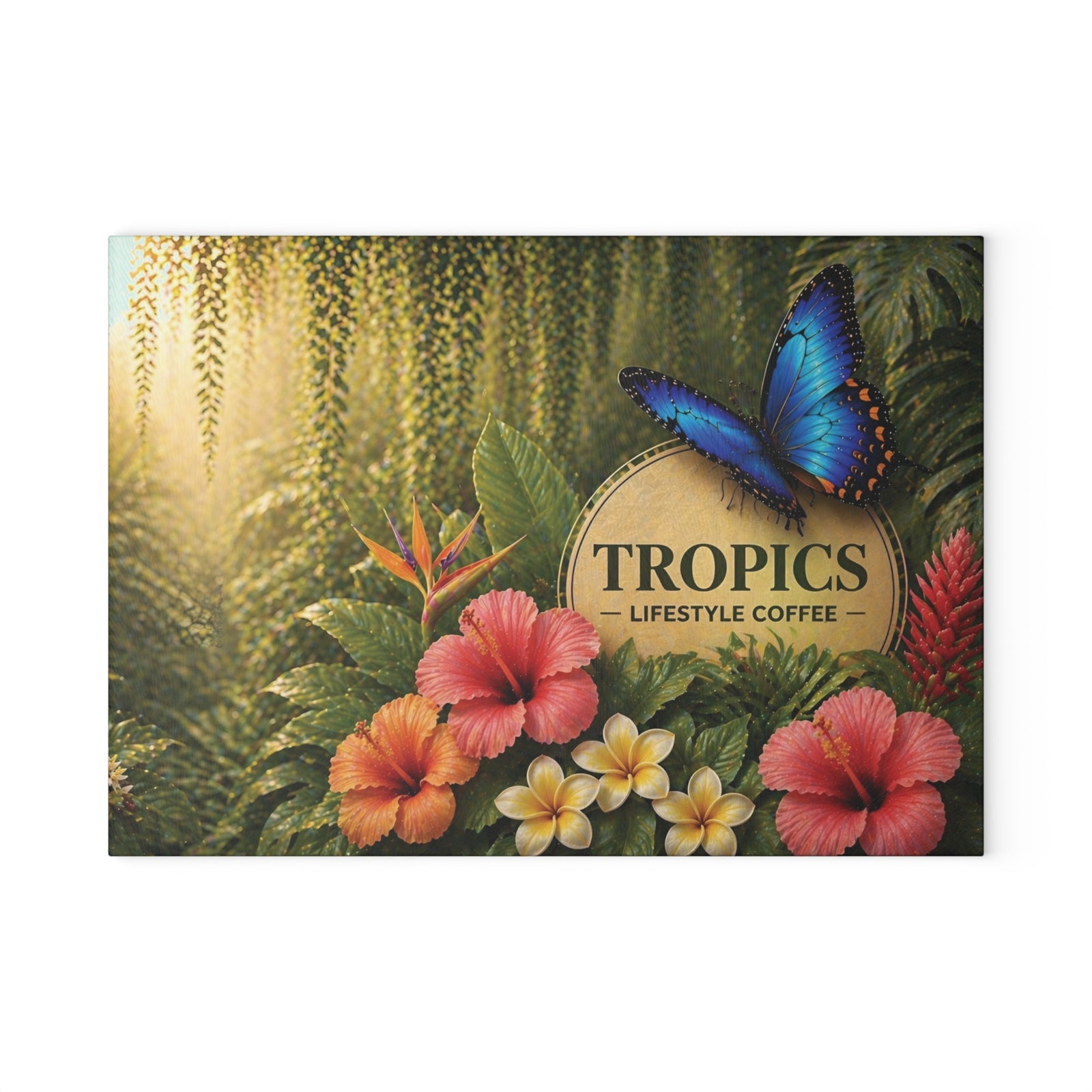 Glass Coffee Station Tray - 'Tropics Lifestyle Coffee Rainforest Butterfly