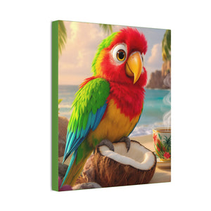 Tropical Canvas Wall Art — Tiki the Parrot With Coffee V2, Green