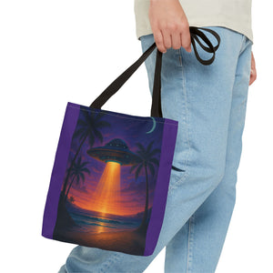 UFO at Beach Sunset Tote Bag, Purple - 3 Sizes