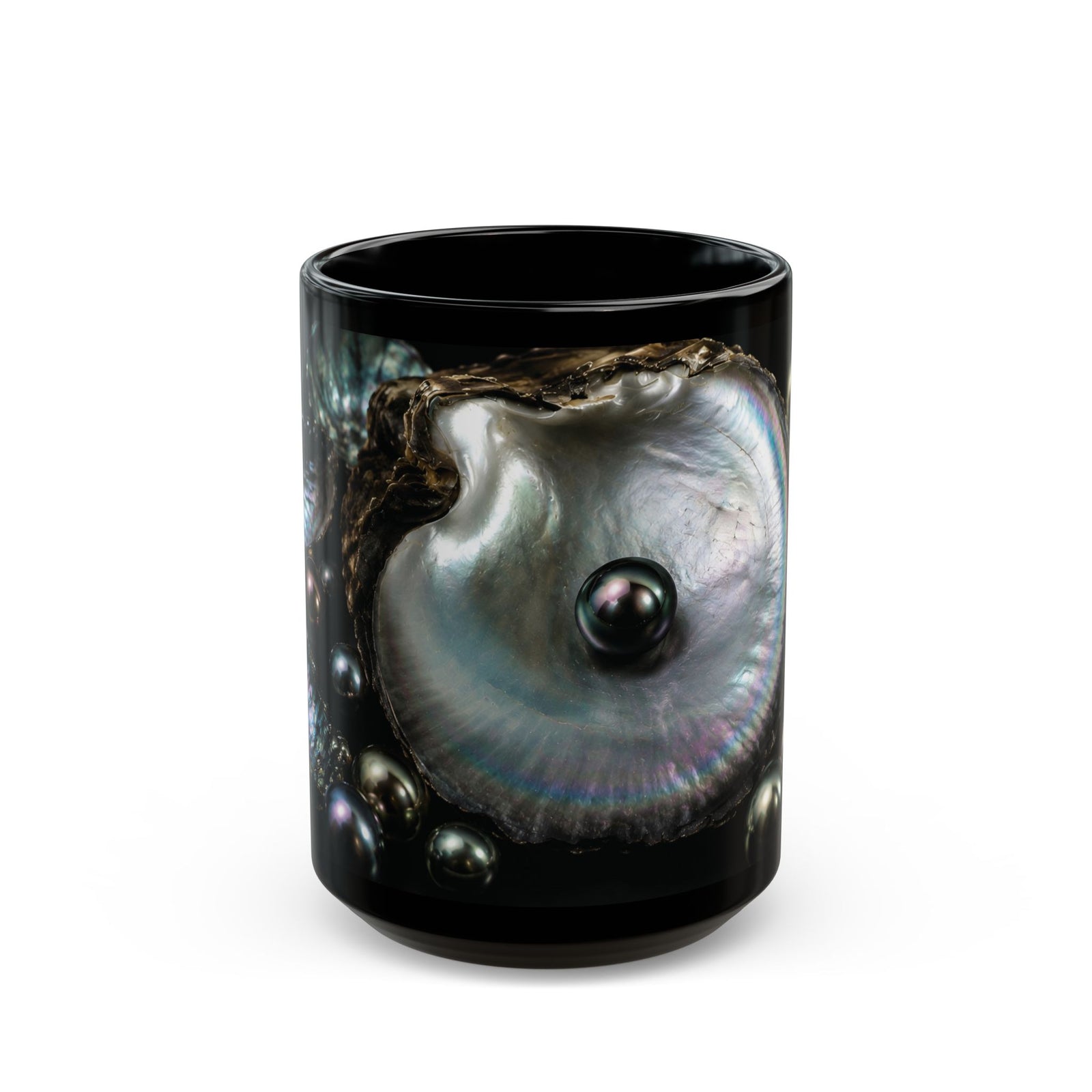 Black Pearl Ocean Mug – Iridescent Oyster Coffee Cup (11oz, 15oz)