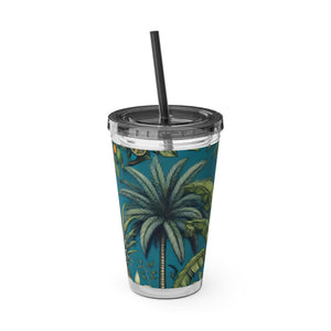 Tropical Tumbler with Straw | 16 oz: Tropical Palms & Fruit, Blue