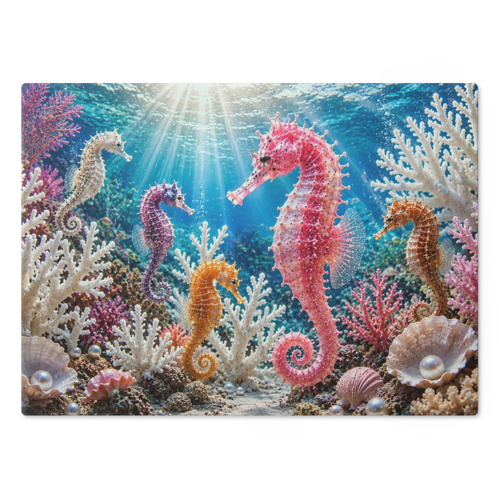 Glass Coffee Station Tray — Colorful Pink Seahorse Underwater Art