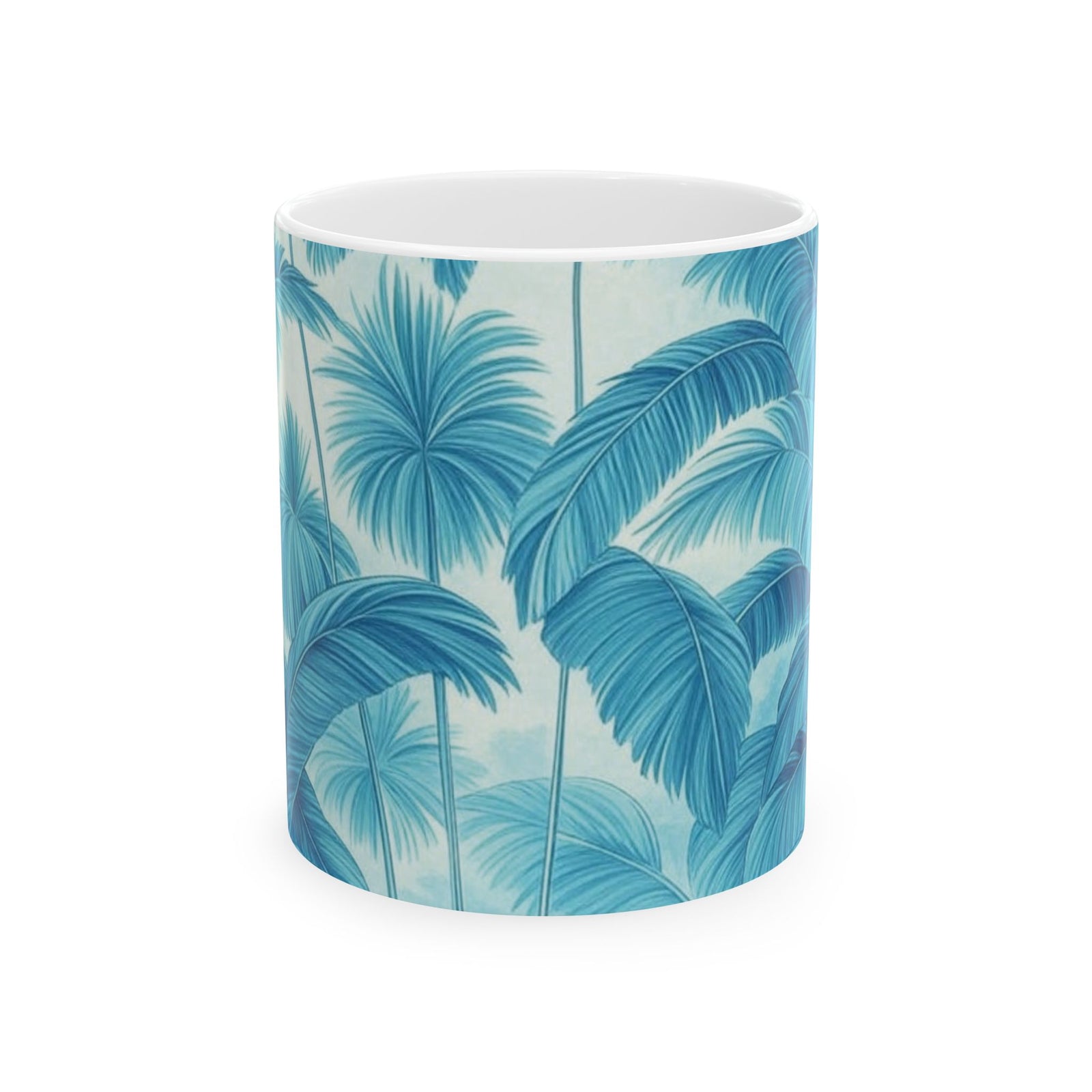 Ceramic White Mug - 11oz & 15oz, Palm Serenity, Turquoise