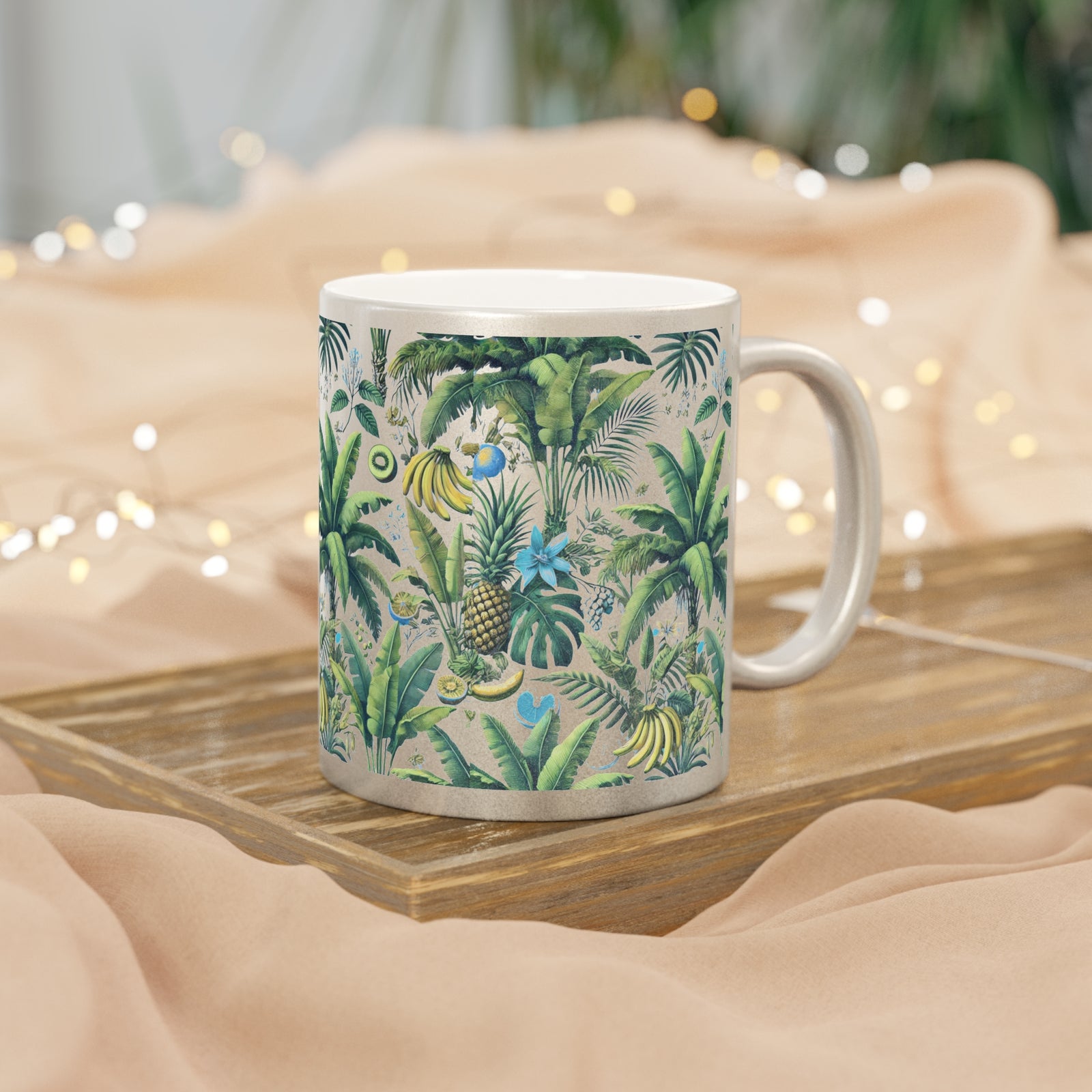 Tropical Metallic Mug, Silver - Palms & Bananas, White