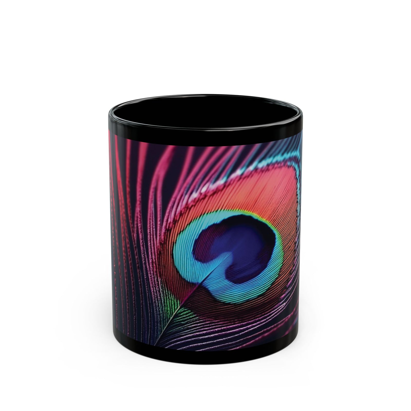 Black Coffee Mug - Peacock Eye Feather, Magenta
