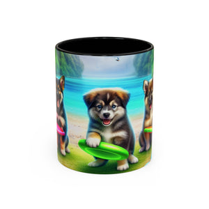 Cute Beach Puppies Playing Frisbee - Black Coffee Mug - Perfect Gift for Dog Lovers