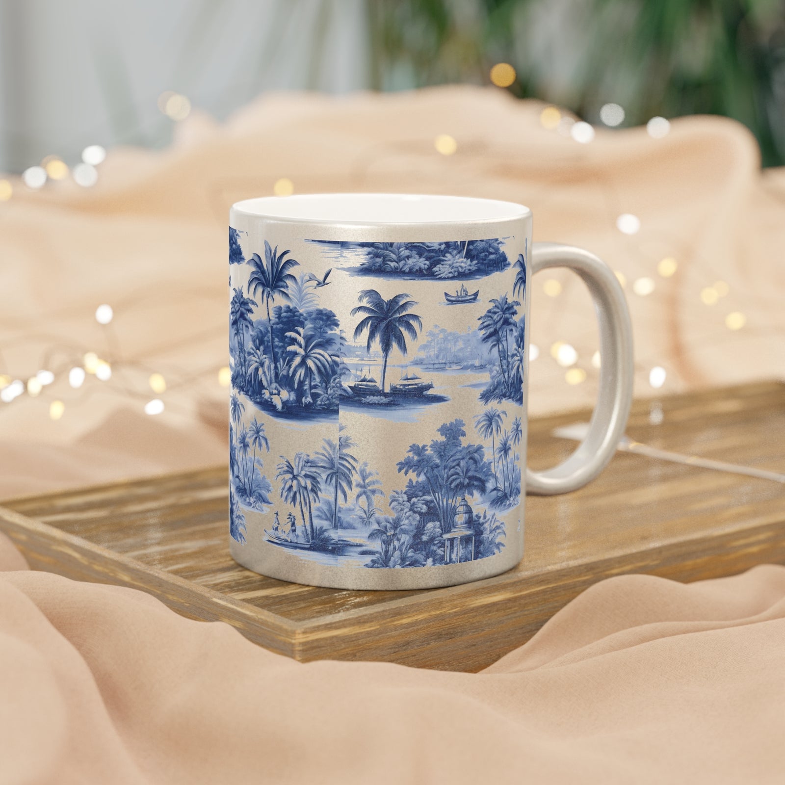 Tropical Metallic Mug, Gold or Silver - Tropical Trip Toile Classic, Blue