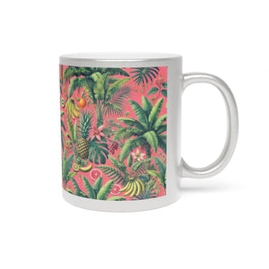 Tropical Metallic Mug, Gold or Silver - Tropical Palms & Fruit, Coral