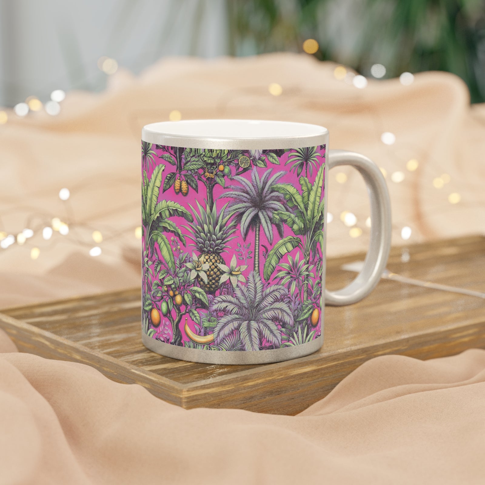 Tropical Metallic Mug, Silver - Tropical Palms & Fruit, Pink