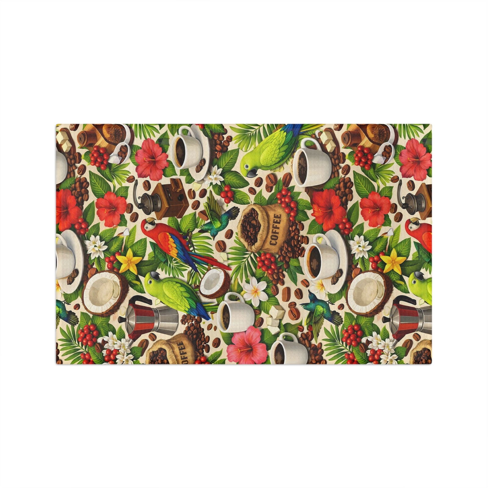 Tropical Microfiber Coffee/Tea Towel – Green & Red Parrots With Coffee