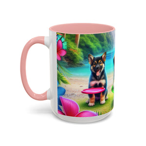 Cute Beach Puppies Playing Frisbee - Black Coffee Mug - Perfect Gift for Dog Lovers
