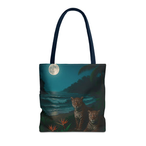 Tropical Beach & Jaguars Tote Bag, Black - 3 Sizes