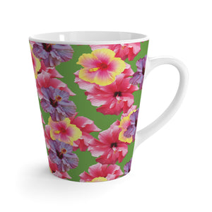 Latte White Mug - Real Hisbiscus Flowers Trio/Green