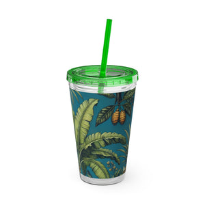 Tropical Tumbler with Straw | 16 oz: Tropical Palms & Fruit, Blue