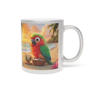 Tropical Metallic Mug, Gold or Silver - Tiki the Parrot Drinks Coffee