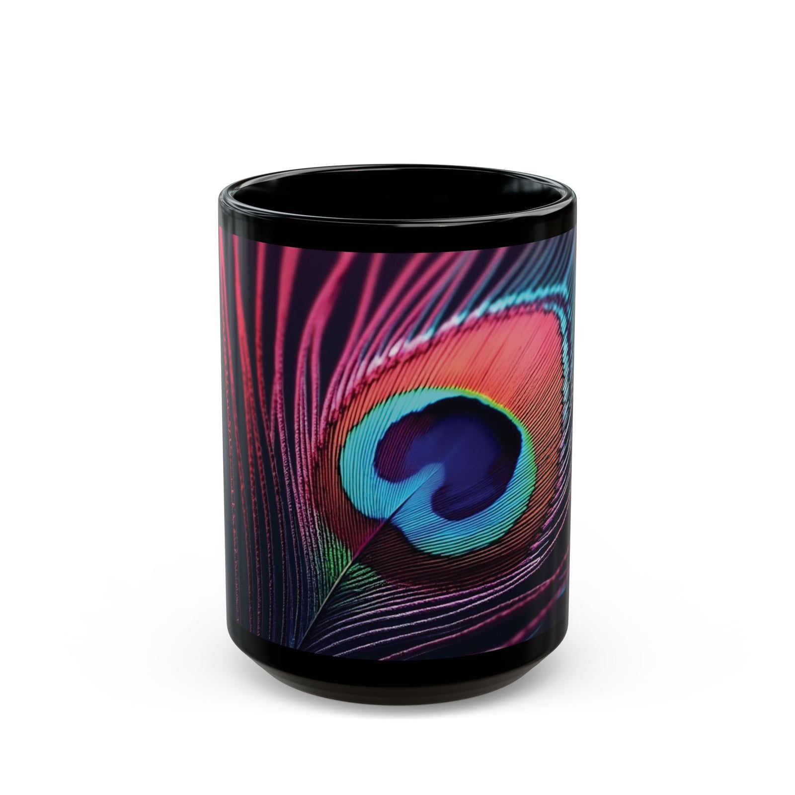 Black Coffee Mug - Peacock Eye Feather, Magenta