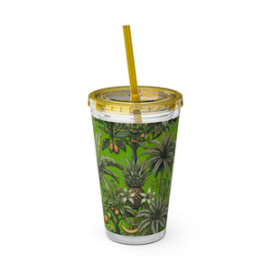 Tropical Tumbler with Straw | 16 oz: Tropical Palms & Fruit, Green