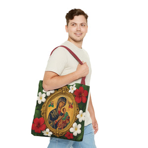 Religious Art Polyester Tote Bag, 3 Sizes / Our Lady of Perpetual Help, Red Flowers