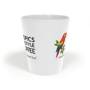White Latte Mug, 12oz  ~ Tropics Lifestyle Coffee Parrot Logo