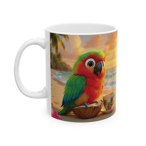 Ceramic White Mug - Tiki the Parrot Drinking Coffee