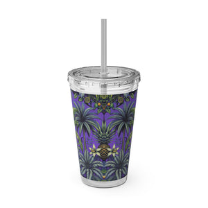 Tropical Tumbler with Straw | 16 oz: Tropical Palms & Fruit, Purple