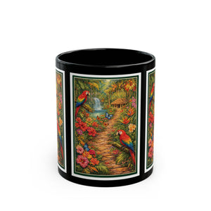 Tropical Parrot Black Mug — Colorful Jungle Scene Coffee Cup (11oz/15oz)