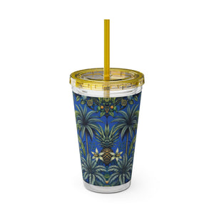 Tropical Tumbler with Straw | 16 oz: Tropical Palms & Fruit, Blue
