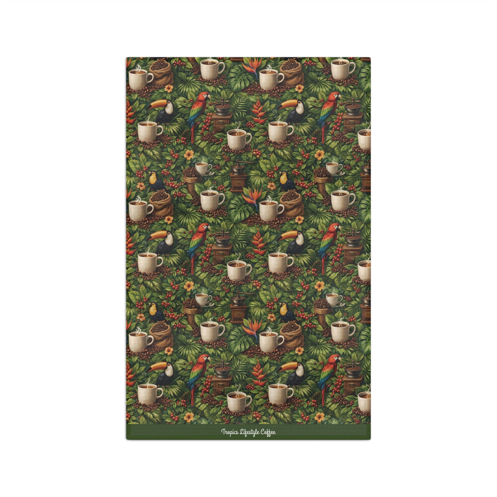 Microfiber Coffee & Tea Towel — Tropical Parrot, Toucan & Coffee Pattern