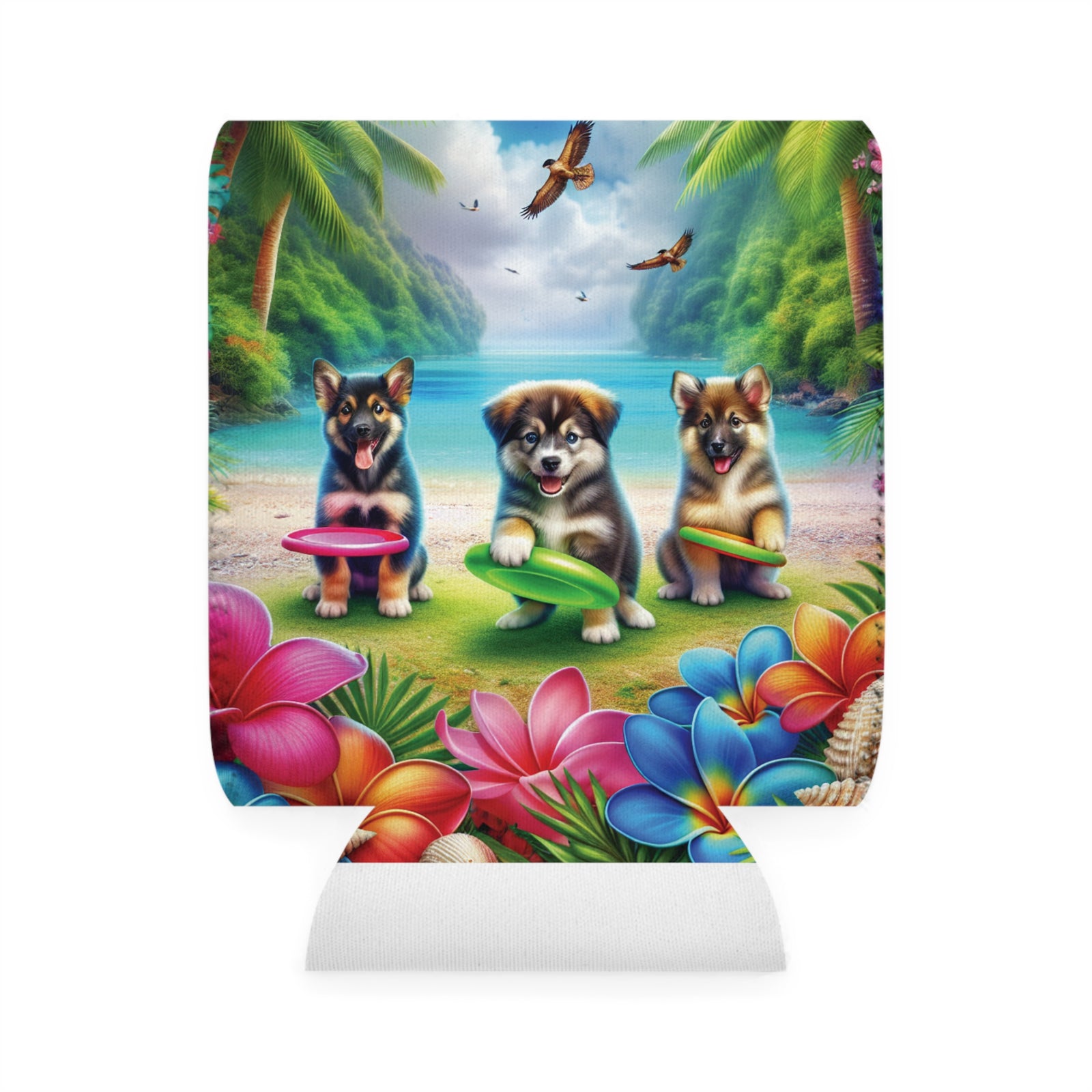 Three Puppy Dogs Playing Frisbee Can Cooler Sleeve - Perfect for Outdoor Picnics