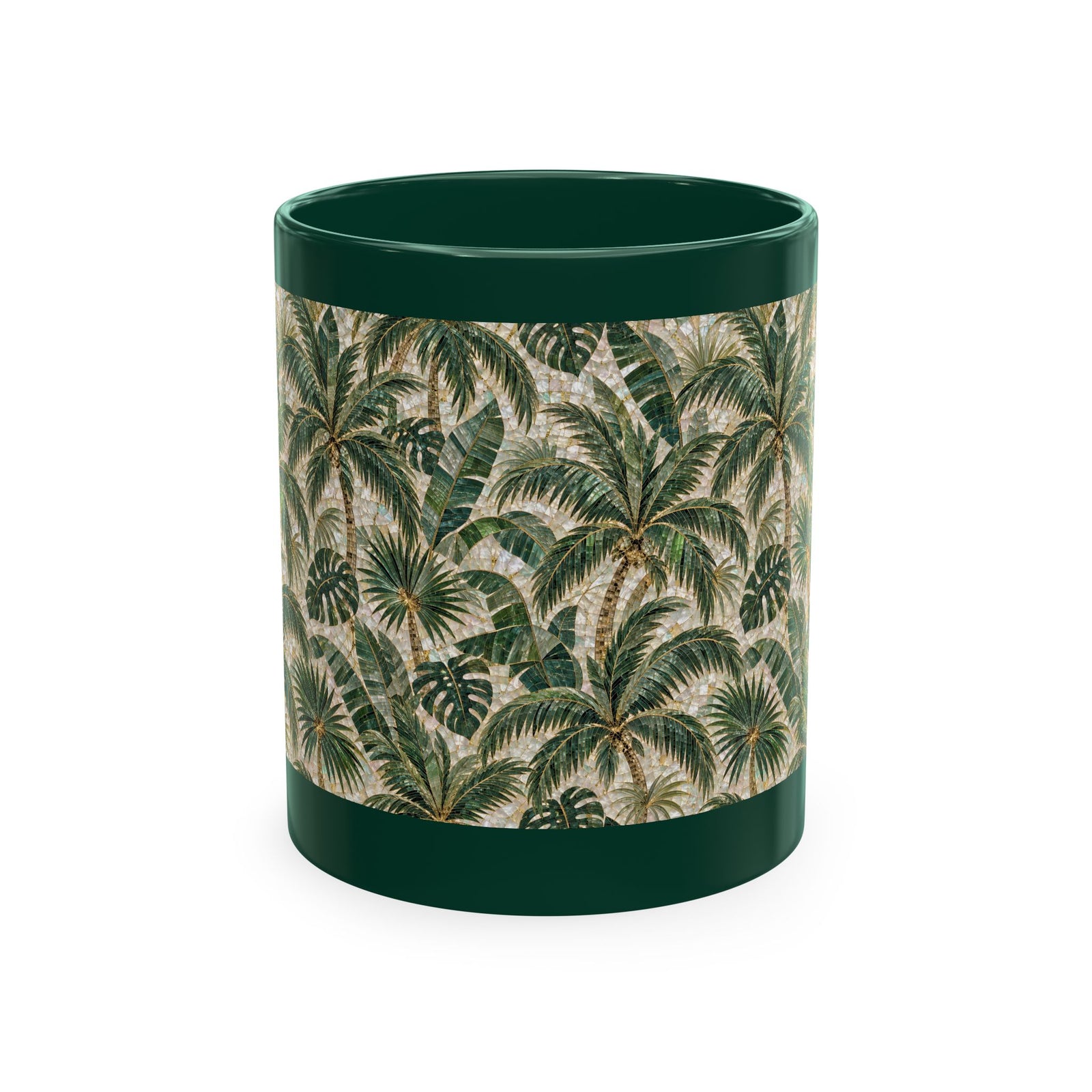 Tropical Ceramic Mug, 11 oz — Palm Mosaic Leaves Coffee Cup