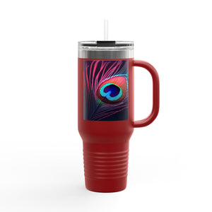 Insulated Travel Mug, 40oz / Peacock Eye Feather, Magenta - Perfect for Outdoor Adventures