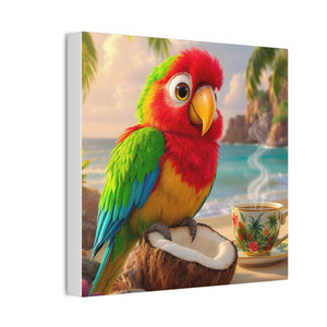 Tropical Parrot Canvas Wall Art — Colorful Beach Scene with Coffee Cup