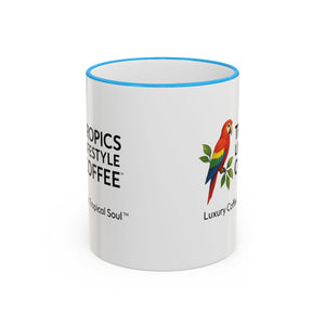 Accent Rim & Handle Coffee Mug ~ Tropics Lifestyle Coffee Parrot Logo