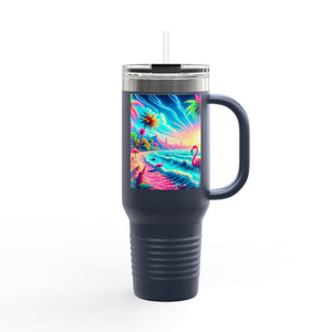 Insulated Travel Mug, 40oz / Pop Art Flamingo Beach
