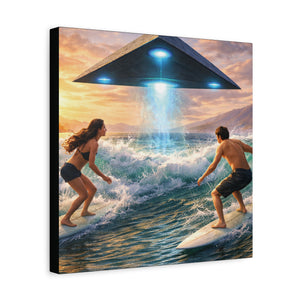 Surfing UFO Canvas Print — Beach Sunset Sci‑Fi Wall Art