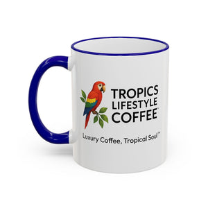 Accent Rim & Handle Coffee Mug ~ Tropics Lifestyle Coffee Parrot Logo