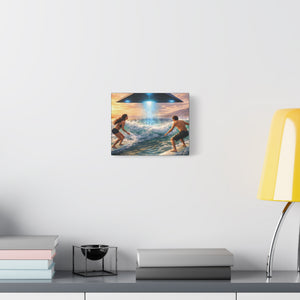 Surfing UFO Canvas Print — Beach Sunset Sci‑Fi Wall Art