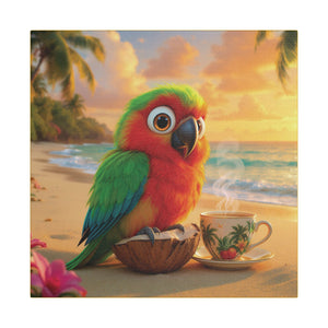 Tropical Beach Canvas - Tiki the Parrot Sunrise Wall Art, Yellow