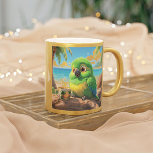 Tropical Metallic Mug, Gold or Silver - Lulu the Parrot Drinks Coffee