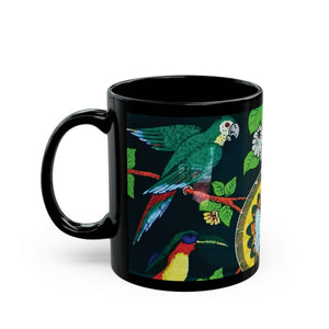 Black Coffee Mug- Parrots & Real Butterfly Wings