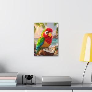 Tropical Canvas Wall Art — Tiki the Parrot With Coffee V2, Green