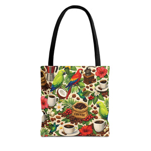 Tropical Parrots & Coffee Tote Bag, Green - 3 Sizes