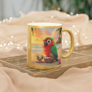 Tropical Metallic Mug, Gold or Silver - Tiki the Parrot Drinks Coffee