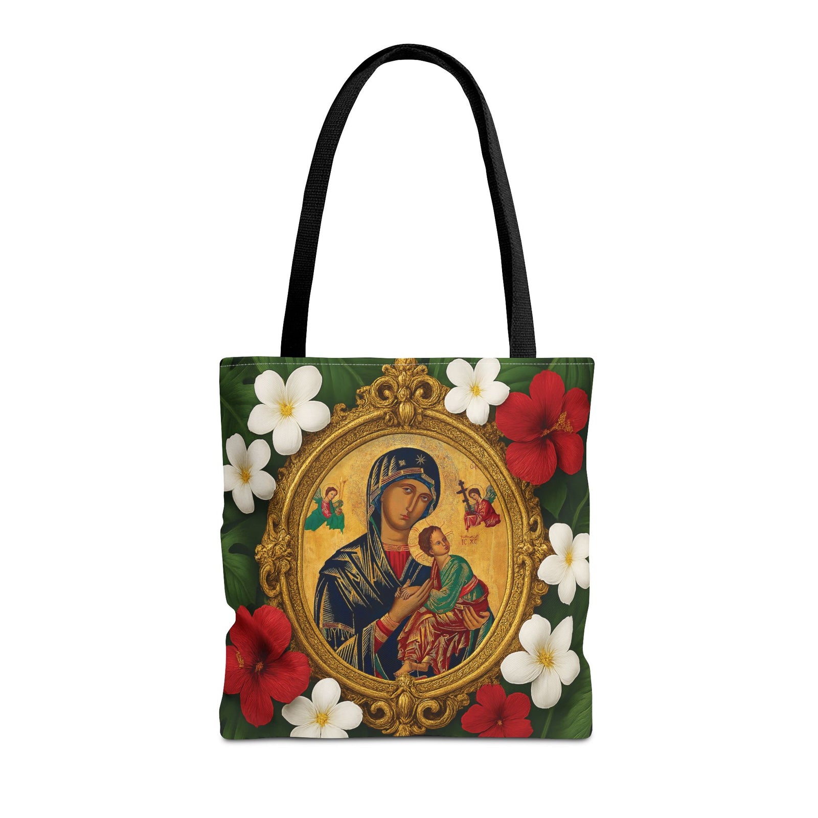Religious Art Polyester Tote Bag, 3 Sizes / Our Lady of Perpetual Help, Red Flowers