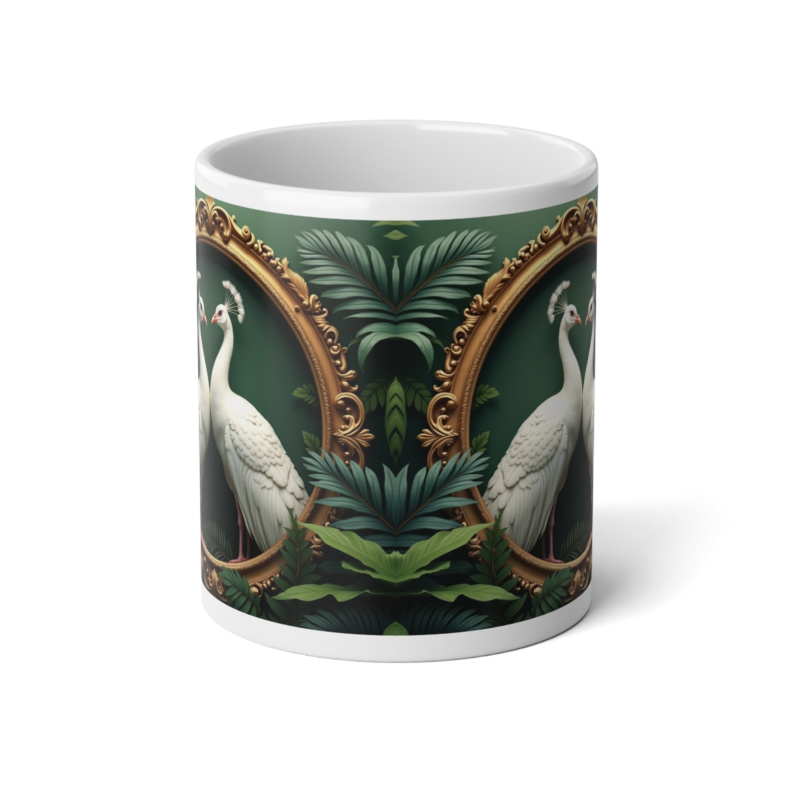 Jumbo Mug, 20oz, Framed White Peacocks | Tropical Coffee Cup