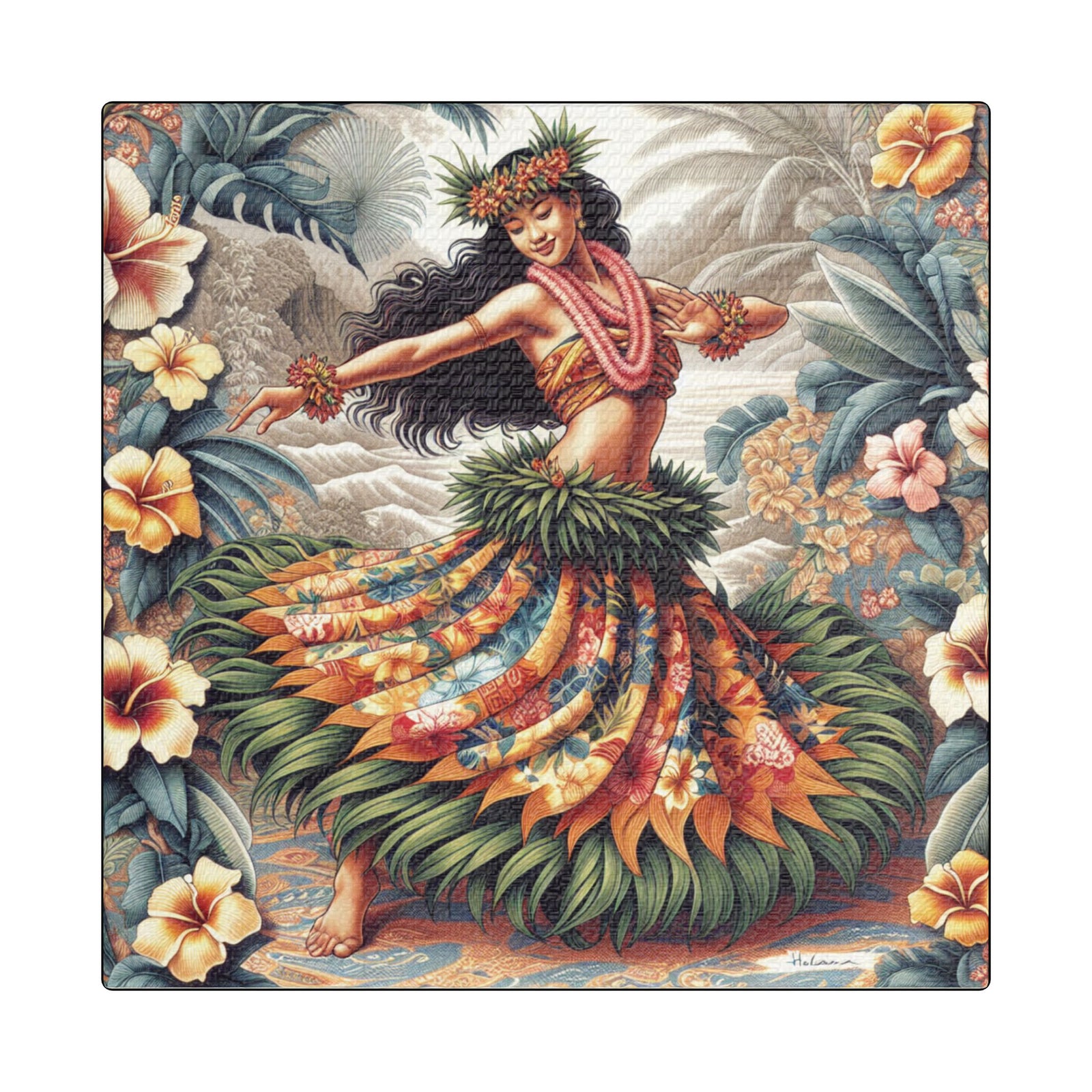 ropical Wall Art ~ Hawaiian Hula Dancer Satin Canvas Print, Black