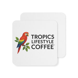 Bulk Durable Hardboard Coffee Coasters — Tropics Lifestyle Coffee Parrot Logo (50/100 pcs), white